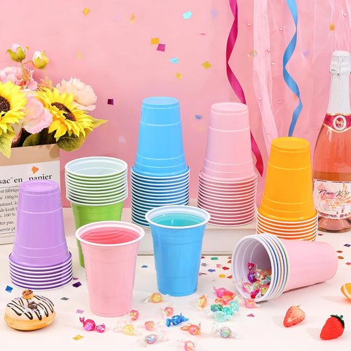 KesaPlan 100 Pack 16 OZ Pastel Rainbow Plastic Cups - Colorful Disposable Drinking Cups for Parties & Events
