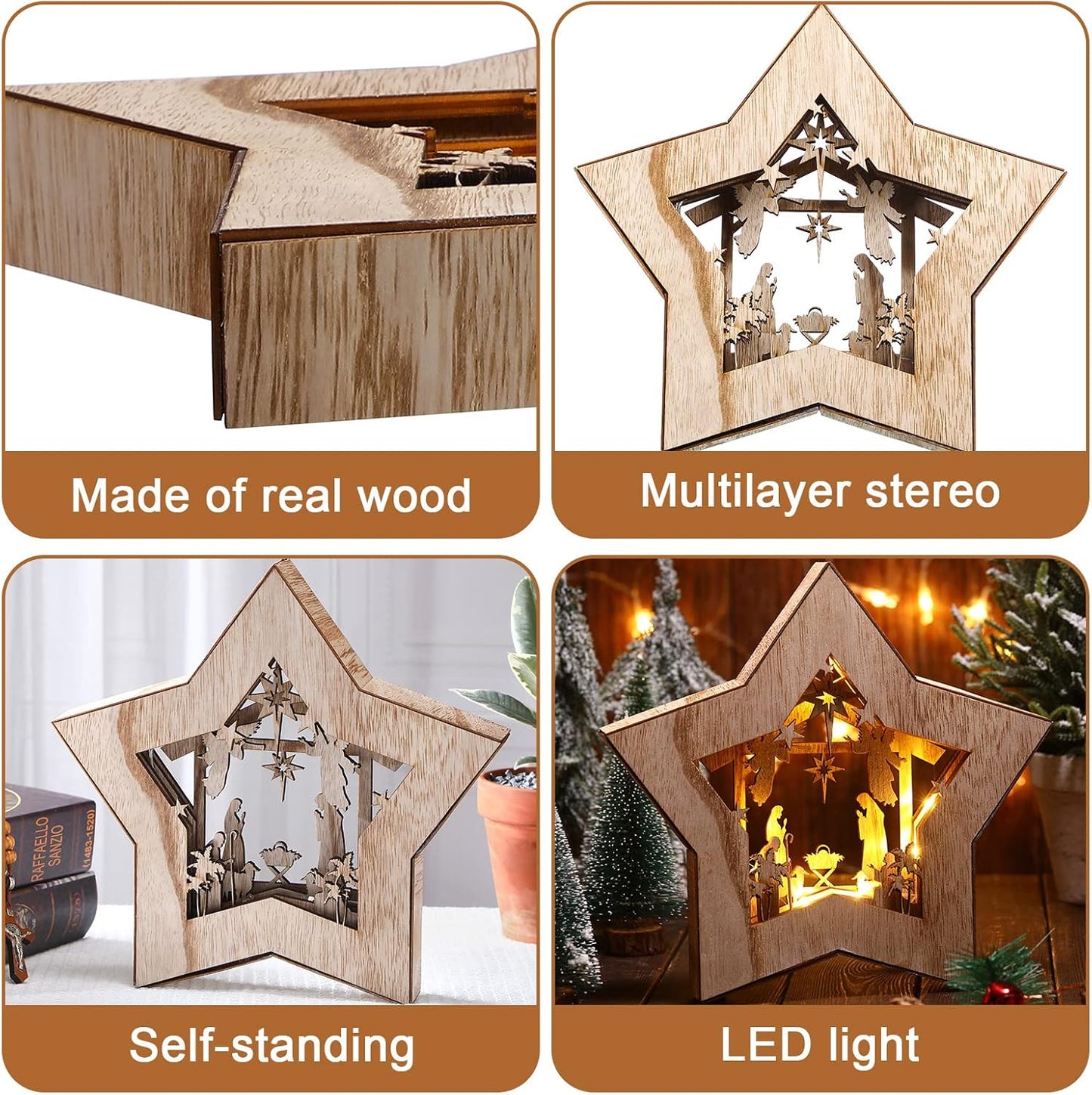 Wooden Nativity Scene Set - Rustic Christmas Tabletop Decor with LED Light for Indoor Display