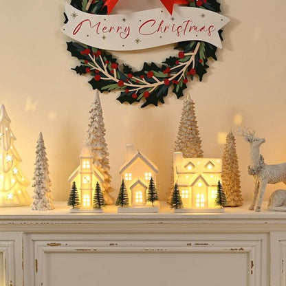 AOMOONOA Ceramic White Christmas Village Houses - 3-Piece LED Lighted Tabletop Decor Set with Trees