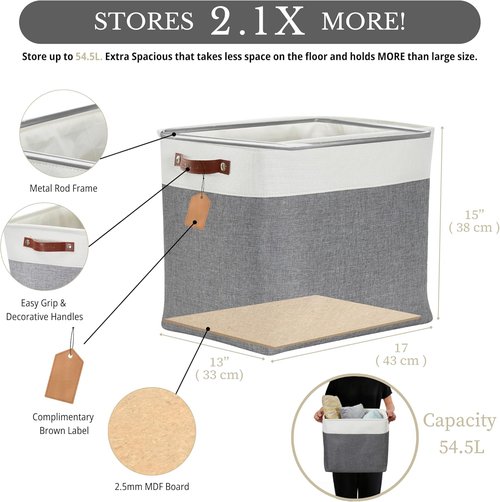 DECOMOMO Extra Large Storage Baskets - 54.5L Fabric Bins for Organizing Linen Closet | Slate Grey & White, 3 Pack