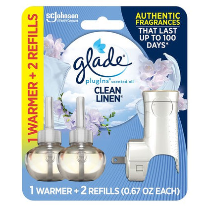 Glade PlugIns Refills Air Freshener Starter Kit, Scented and Essential Oils for Home and Bathroom, Clean Linen, 1.34 Fl Oz, 1 Warmer + 2 Refills