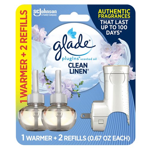 Glade PlugIns Refills Air Freshener Starter Kit, Scented and Essential Oils for Home and Bathroom, Clean Linen, 1.34 Fl Oz, 1 Warmer + 2 Refills