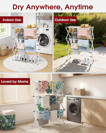 Sakugi Foldable Clothes Drying Rack - Space-Saving 3-Tier Metal Laundry Rack for Indoor & Outdoor Use | 11.4"D x 29.1"W x 37.4"H, White and Black