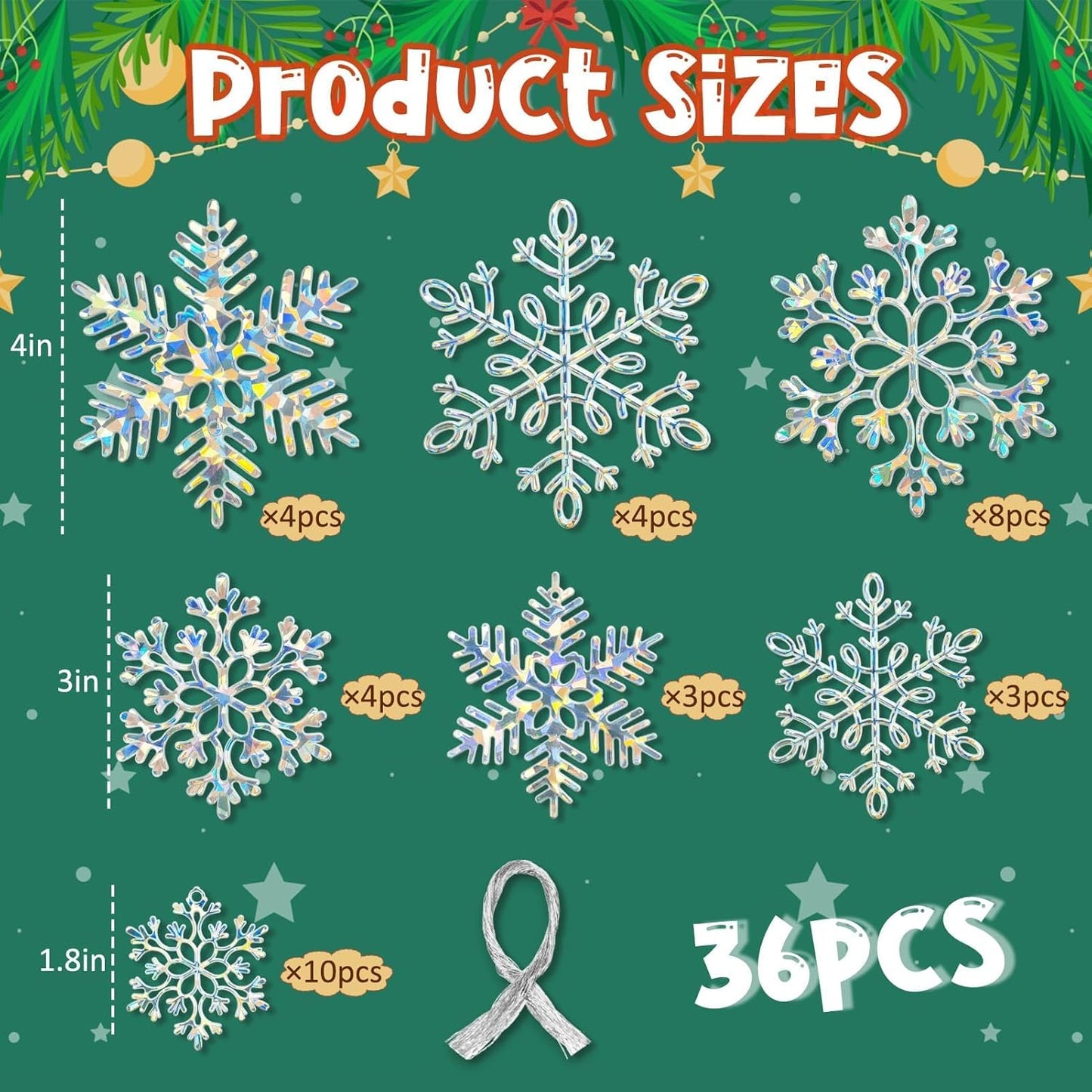 Skiennix Christmas Ornaments - 36 Pack Iridescent Snowflake Decorations for Holiday Parties