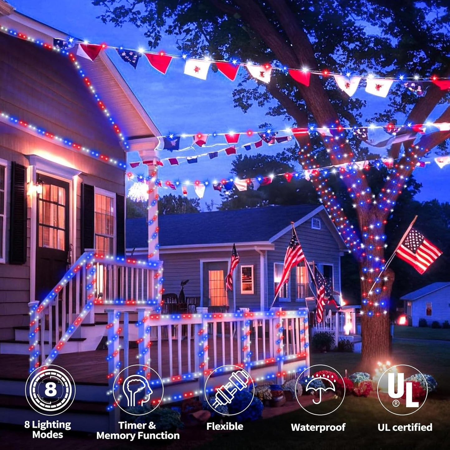 Skiennix 200ft LED Rope Lights - Waterproof Flexible Tube Lighting with 8 Modes | Red, White & Blue