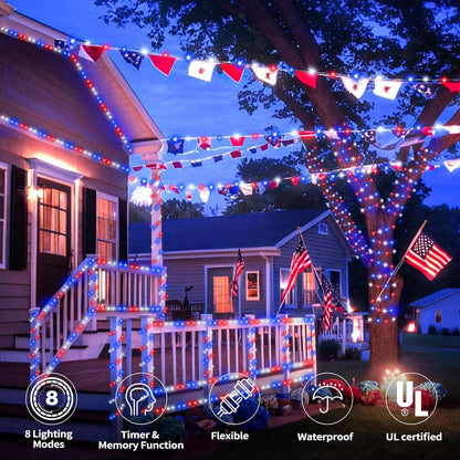 Skiennix 200ft LED Rope Lights - Waterproof Flexible Tube Lighting with 8 Modes | Red, White & Blue