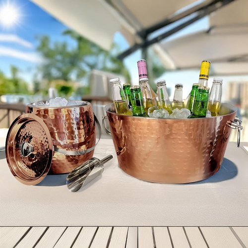 BREKX Rose Copper Beverage Tub and Ice Bucket with Lid and Scoop Party Combo Pack, Stainless Steel Double-Walled Insulated Barware Set