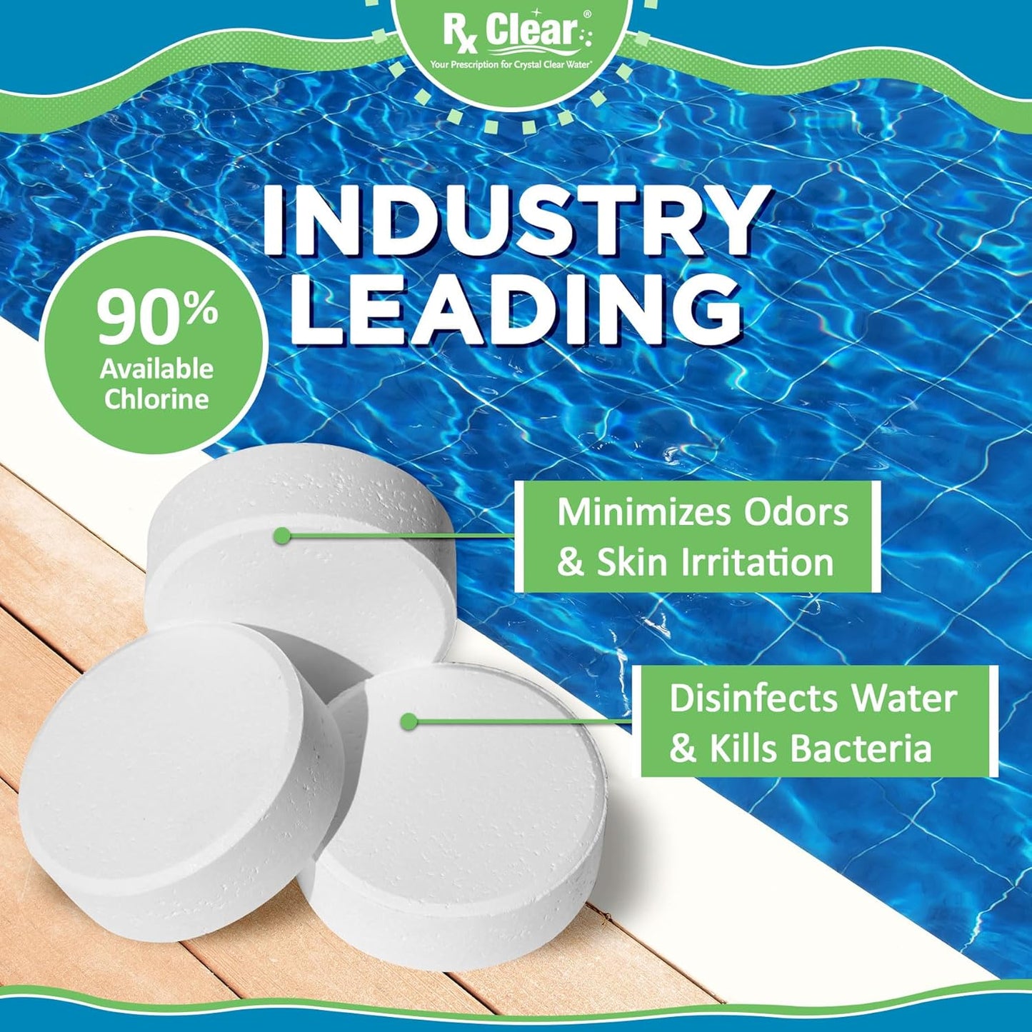 Rx Clear Chlorine Tabs - 3 Inch Stabilized Tablets for Pool Sanitization | 5 Pounds | Long Lasting & UV Protected