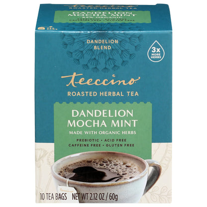 Teeccino Dandelion Mocha Mint Tea - Caffeine Free, Roasted Herbal Tea with Prebiotics, 3x More Herbs than Regular Tea Bags, Gluten Free - 10 Tea Bags (Pack of 4)