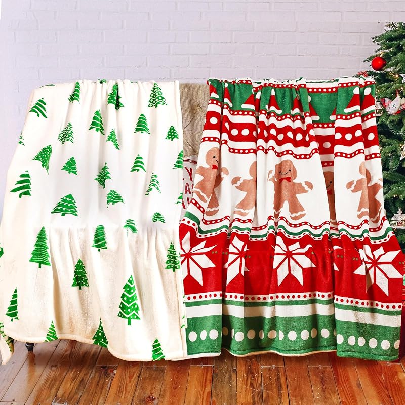 Two-Piece Christmas Throw Blanket Set 50 x 60 Inches Fleece, Holiday Decorative Blankets