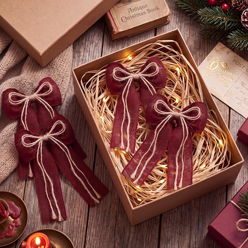 12 Pcs Burgundy Burlap Xmas Bows 5x7 in - Rustic Christmas Tree Decor
