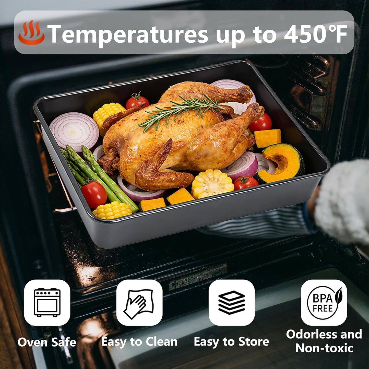 Skiennix Nonstick Roasting Pan Set - 3-Pack Durable Bakeware for Oven | Rectangular Black Design