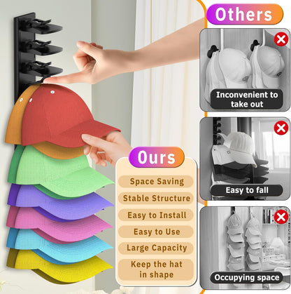 Volnamal Hat Organizer - 2 Pack Baseball Cap Rack Holds Up to 40 Hats | Space-Saving Wall Storage (Black)