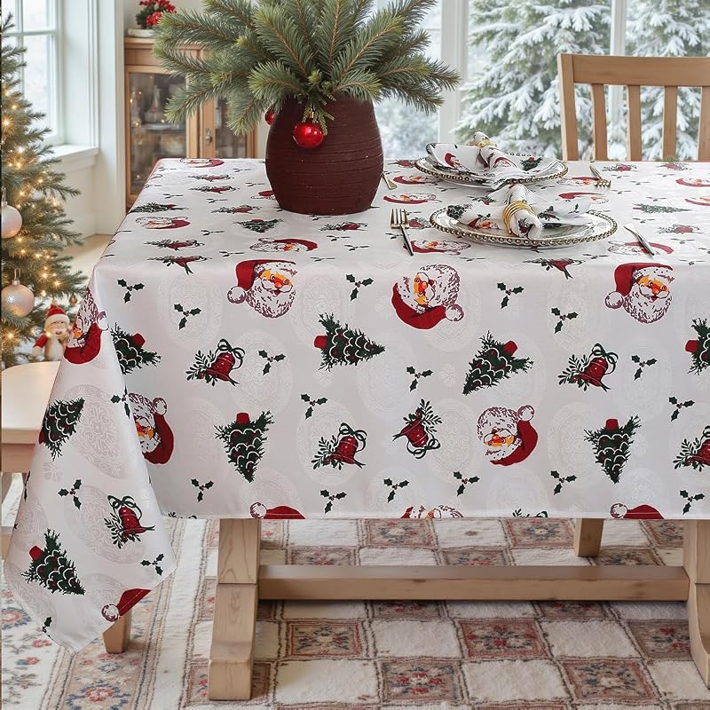 White Christmas Tablecloth 60 x 102 Inch Waterproof Damask Jacquard Rectangular