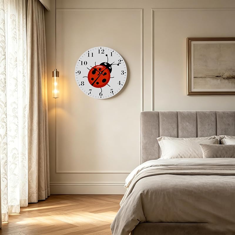 12" Silent Round Wall Clock with Cute Ladybug Design - Non-Ticking