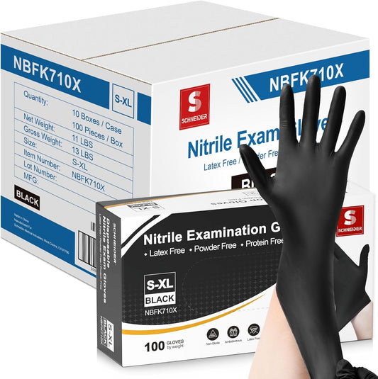 Schneider Nitrile Exam Gloves - 4 Mil Black Disposable, Latex-Free & Powder-Free | Food Safe for Cooking & Prep