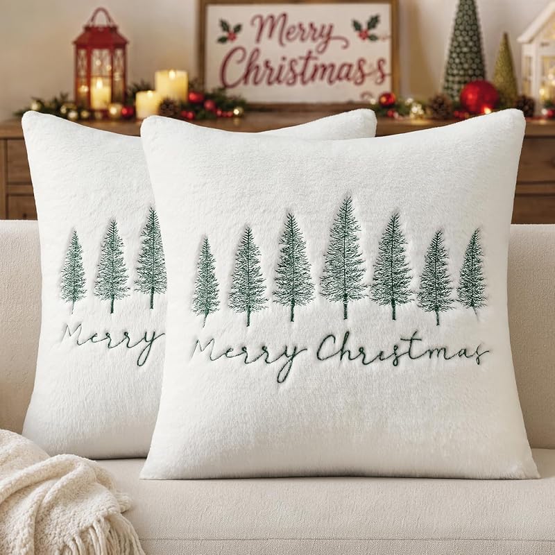 MiULEE Christmas Pillow Covers 18x18 Set of 2 — White & Green Tree Embroidered