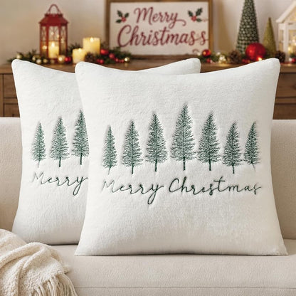 MiULEE Christmas Pillow Covers 18x18 Set of 2 — White & Green Tree Embroidered