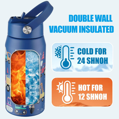 OLDLEY Kids Water Bottle - 18oz Insulated Stainless Steel | Leakproof Design with Wide Straw Lid - Blue Engineering Car