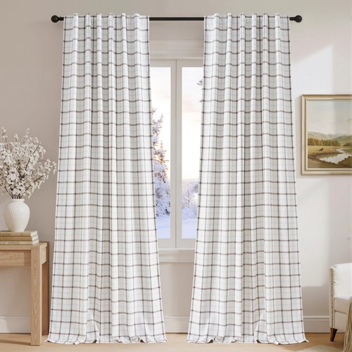 NICETOWN 100% Plaid Linen Blackout Curtains 84 Inch Long for Living Room Bedroom, Farmhouse Double Layer Windowpane Drapes Thermal Insulated Privacy Rod Pocket Back Tab, 2 Panels, 52" W, White