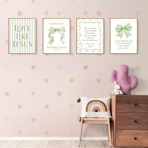 LARTSFRO Coquette Wall Art Decor | Sage Green Bow Posters for Bedroom & Bathroom | Set of 4 Unframed 12x16 Inch