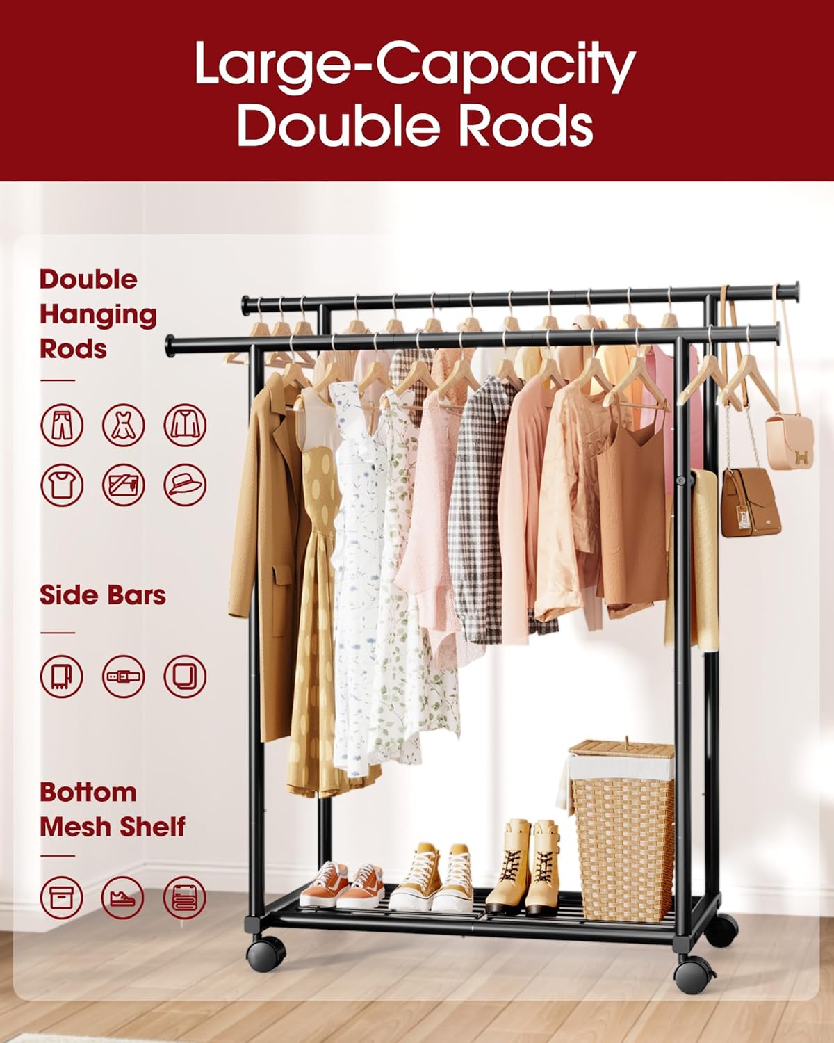 Sakugi Metal Clothes Rack - Double Rod Design with Rolling Wheels & Built-In Shelf | 38.5" x 16.9" x 59", Black