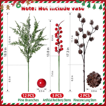 Skiennix Faux Cedar Stems - 17 PCS Artificial Norfolk Pine Branches with Pinecones & Red Berries for Christmas Decor