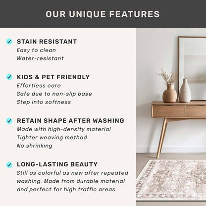 2x4 Boho Runner Rug, Neutral Farmhouse Entryway Rugs, Small Throw Runners for Hallway Bedroom Kitchen, Vintage Floral Design & Non-Slip Low-Pile Washable Stain Resistant Beige Latte