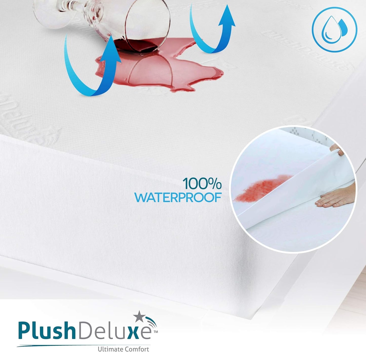 PlushDeluxe Bamboo Mattress Protector - Waterproof, Ultra Soft & Breathable Queen Size Cover - White