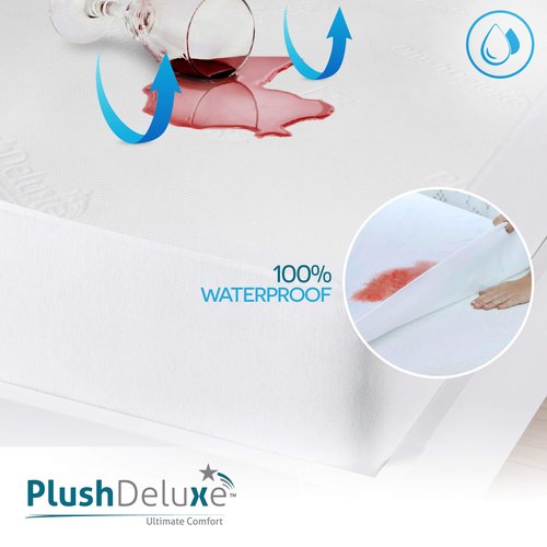 PlushDeluxe Premium Bamboo Mattress Protector – Queen Size, Waterproof, & Ultra Soft Breathable Noiseless Washable Bed Mattress Cover for Comfort & Protection - White