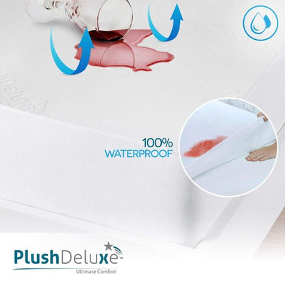 PlushDeluxe Premium Bamboo Mattress Protector – Queen Size, Waterproof, & Ultra Soft Breathable Noiseless Washable Bed Mattress Cover for Comfort & Protection - White
