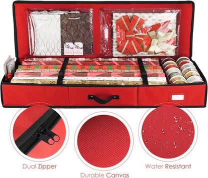 Hearth & Harbor Wrapping Paper Storage Container - Tear-Proof Christmas Gift Wrap Organizer | Fits 22 Rolls, Red