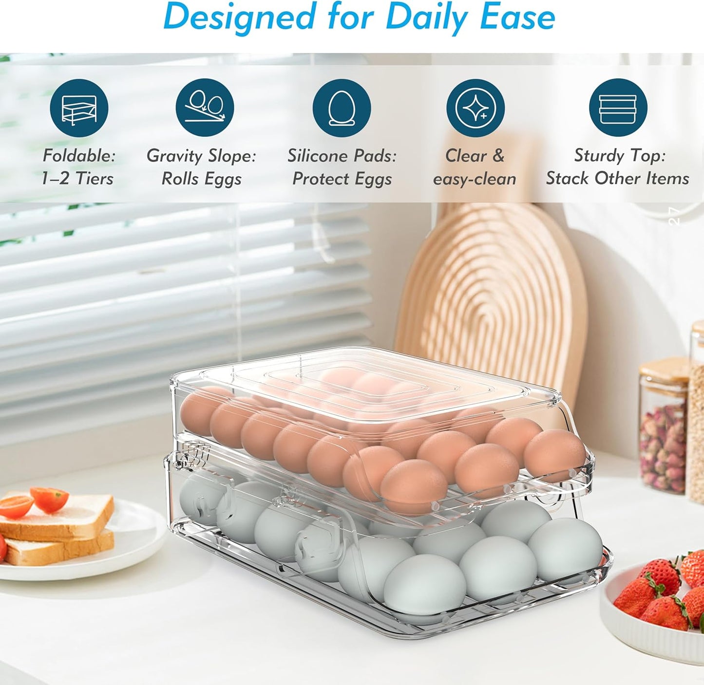 Skiennix Egg Holder - Foldable Automatic Rolling Container for Refrigerator | Large-Capacity, Clear Plastic (3 Dozen)