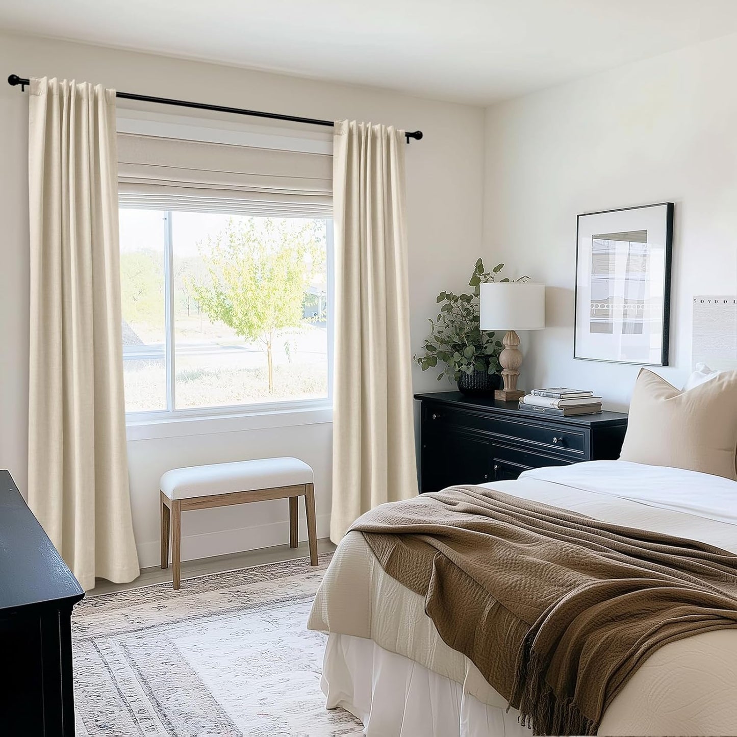 Regine Switzerland 100% Blackout Curtains - Thermal Insulated Faux Linen | 84" Length, 2 Panels, Butter Cream
