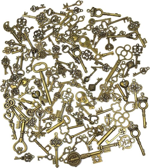 JIALEEY Vintage Skeleton Key Set - 125 PCS Antique Bronze Charms for DIY Jewelry & Wedding Favors