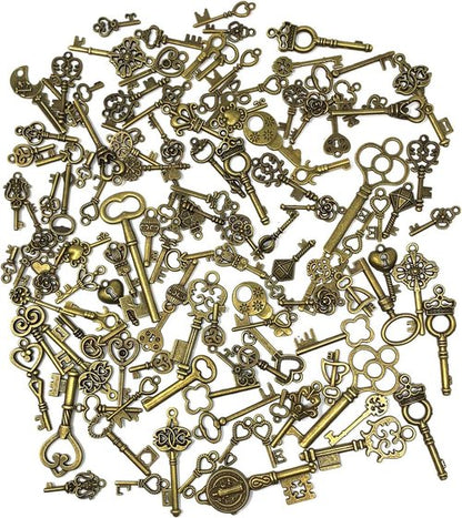 JIALEEY Vintage Skeleton Key Set - 125 PCS Antique Bronze Charms for DIY Jewelry & Wedding Favors