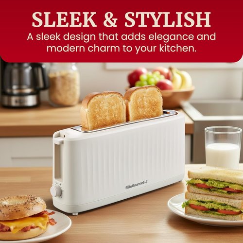 Elite Gourmet SLIMTOAST™ 2-Slice Long Slot Toaster - Cool-Touch Body & 6 Toast Settings | Extra Wide 1.5” Slot in Cremello