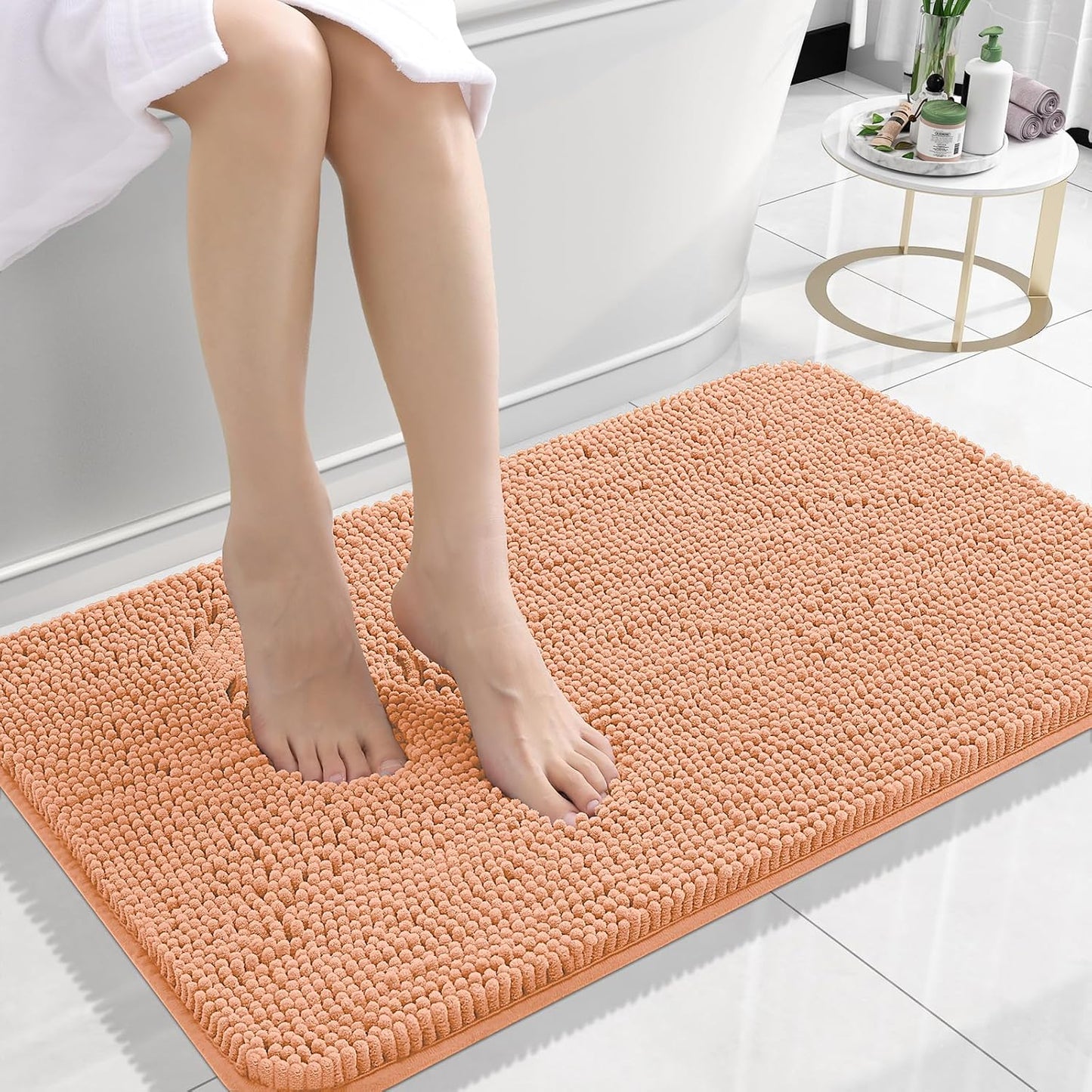 OLANLY Small Bathroom Rugs - Extra Soft Chenille Bath Mats | Quick-Dry, Machine Washable, 24x16, Peach