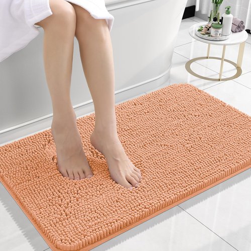 OLANLY Bathroom Rugs 24x16, Extra Soft Absorbent Chenille Bath Rugs, Rubber Backing Quick Dry, Machine Washable Bath Mats for Bathroom Floor, Tub and Shower, Home Decor Accessories, Peach