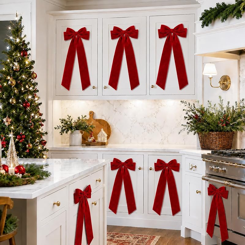 Large Velvet Christmas Bows - 20x9 in Double-Bow Pro Garden & Tree Decor (Red) - 6 Pack