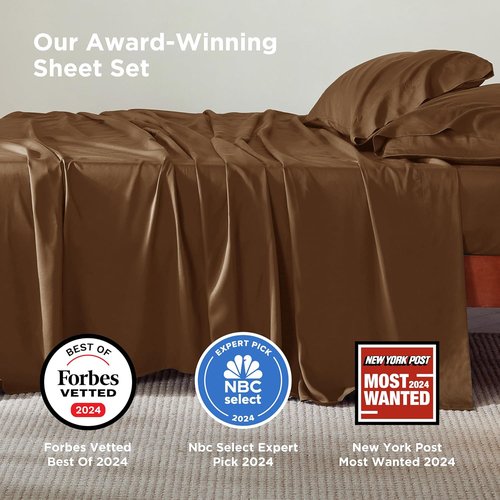 Bedsure Cooling Bed Sheets - Breathable Rayon from Bamboo, Deep Pocket up to 16 Inches, Luxurious Softness in Brown