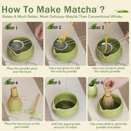 Skiennix Matcha Whisk Set - 8-Piece Ceramic Kit with Bowl, Chasen Holder, Scoop Rest & Sifter | Perfect Gift for Matcha Lovers