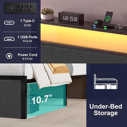 Full Size Bed Frame with Storage Drawers, Headboard Lights & USB-C Charging