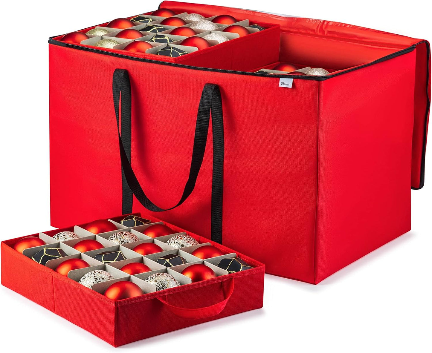 ZOBER Christmas Ornament Storage Box - Organizes 200 3" Ornaments with Individual Trays - Durable 600D Oxford Fabric (Red)