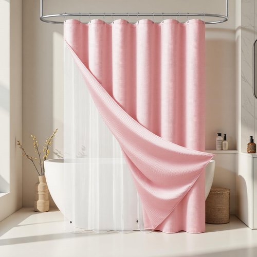 Dynamene Long Shower Curtain and Liner Set - 78 inch Tall Waffle Fabric, Waterproof Clear Liner, Heavy Duty Weighted Hotel Luxury Cloth Shower Curtains for Bathroom with 12 Hooks, 72x78, Pink