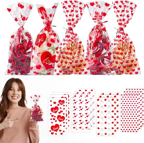 Biubee Valentine Cellophane Bags - 160 Pcs Clear Treat Bags with 4 Assorted Styles & Twist Ties | 10.6''x5''