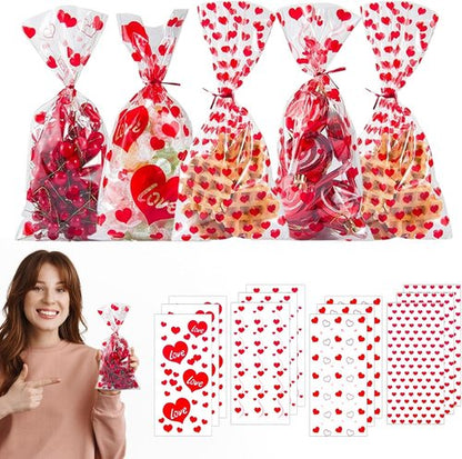 Biubee Valentine Cellophane Bags - 160 Pcs Clear Treat Bags with 4 Assorted Styles & Twist Ties | 10.6''x5''