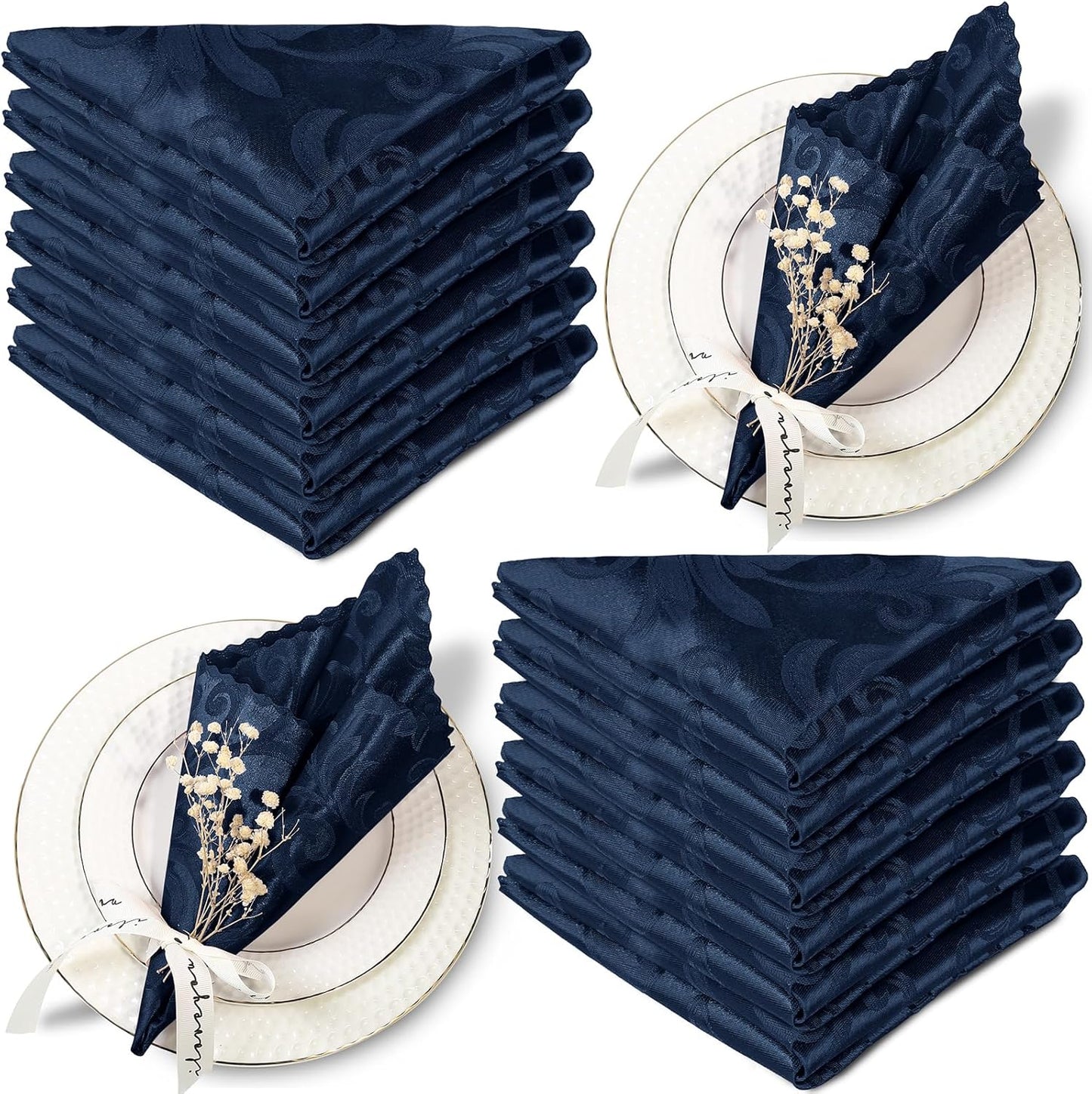 Aormenzy Navy Blue Satin Napkins - 50 Pack, 17 x 17 Inches, Elegant Floral Design
