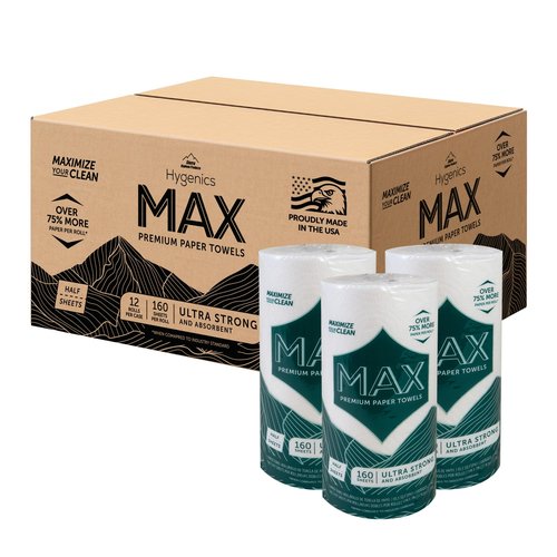 Sierra Hygenics Max 2-Ply Paper Towels, 160 Sheets (11" x 7") Per Roll, Pack of 12 Rolls = 40 Regular Rolls