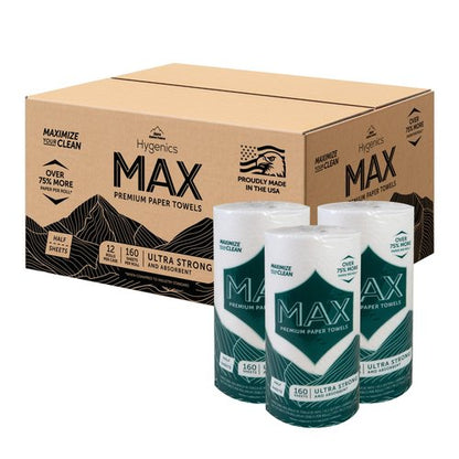 Sierra Hygenics Max 2-Ply Paper Towels, 160 Sheets (11" x 7") Per Roll, Pack of 12 Rolls = 40 Regular Rolls